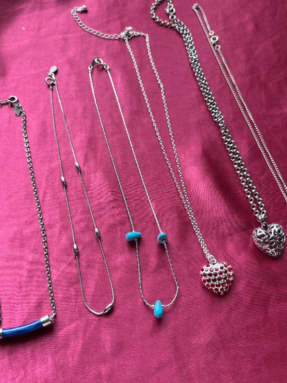 6pc Lot - Necklaces Silver Tone Heart Pendants Blue - Avon, Sarah Cov, Unsigned